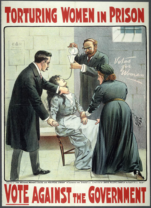 Plakat z epoki pokazujący, jak w więzieniach karmiono sufrażystki siłą.