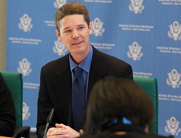 Michael Punke podczas pełnienia swoich obowiązków ambasadora USA przy Światowej Organizacji Handlu.