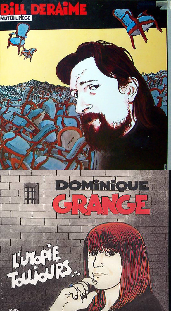 Okładki Jacquesa Tardiego do płyt Billa Deraime'a "Fauteuil Piégé" i Dominique Grange "L'Utopie toujours".